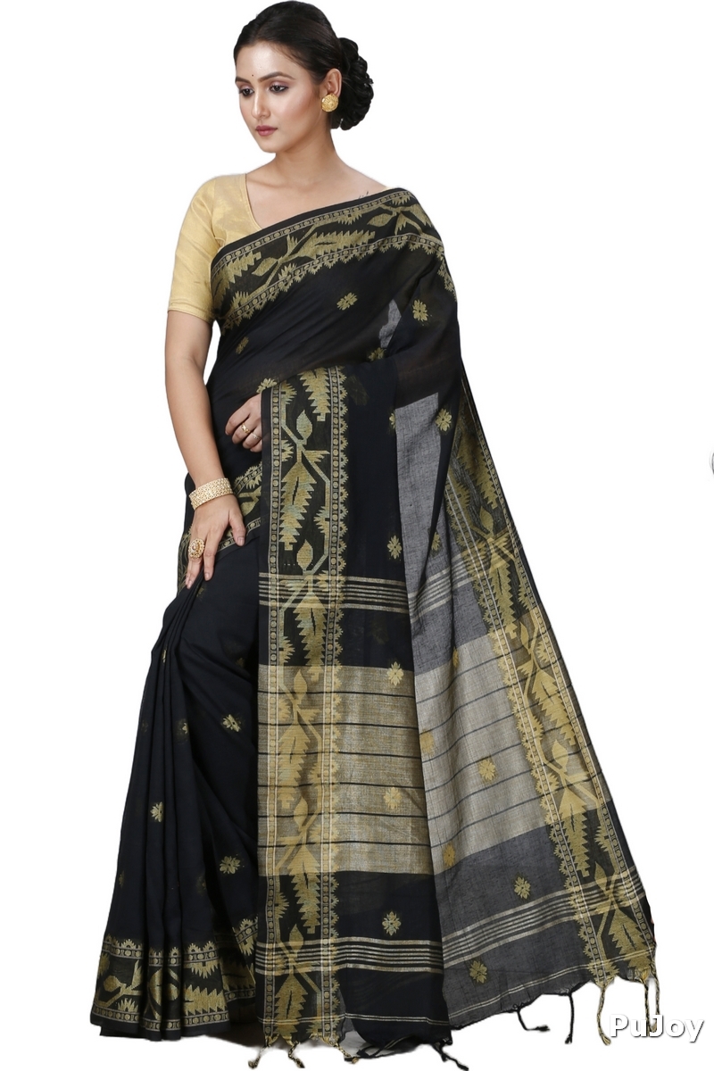 Black Pure Cotton Tuma Hand Loom Saree (1193)