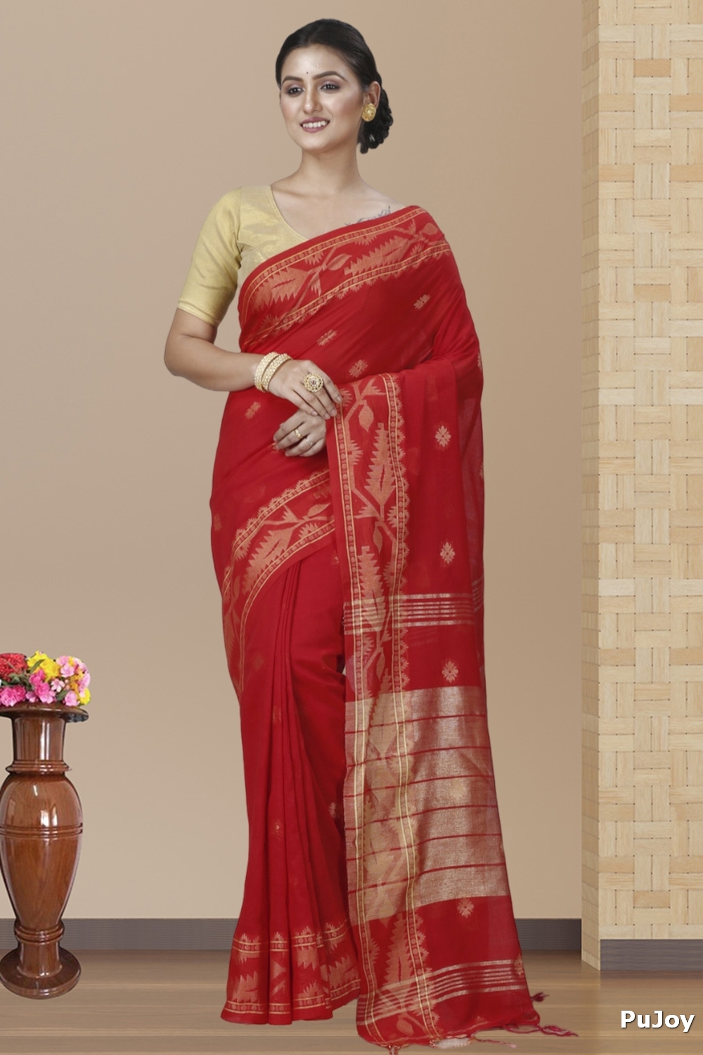 Red Pure Cotton Tuma Hand Loom Saree (1195)