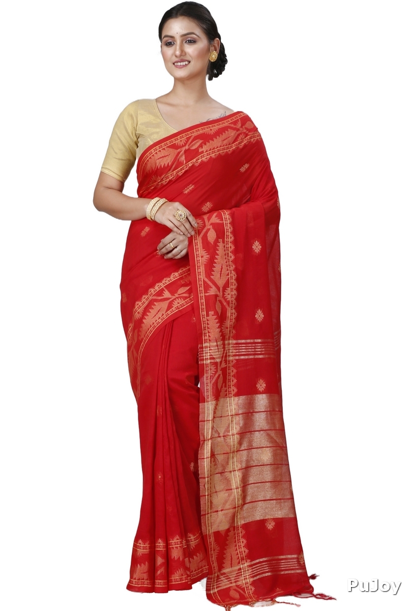 Red Pure Cotton Tuma Hand Loom Saree (1195)