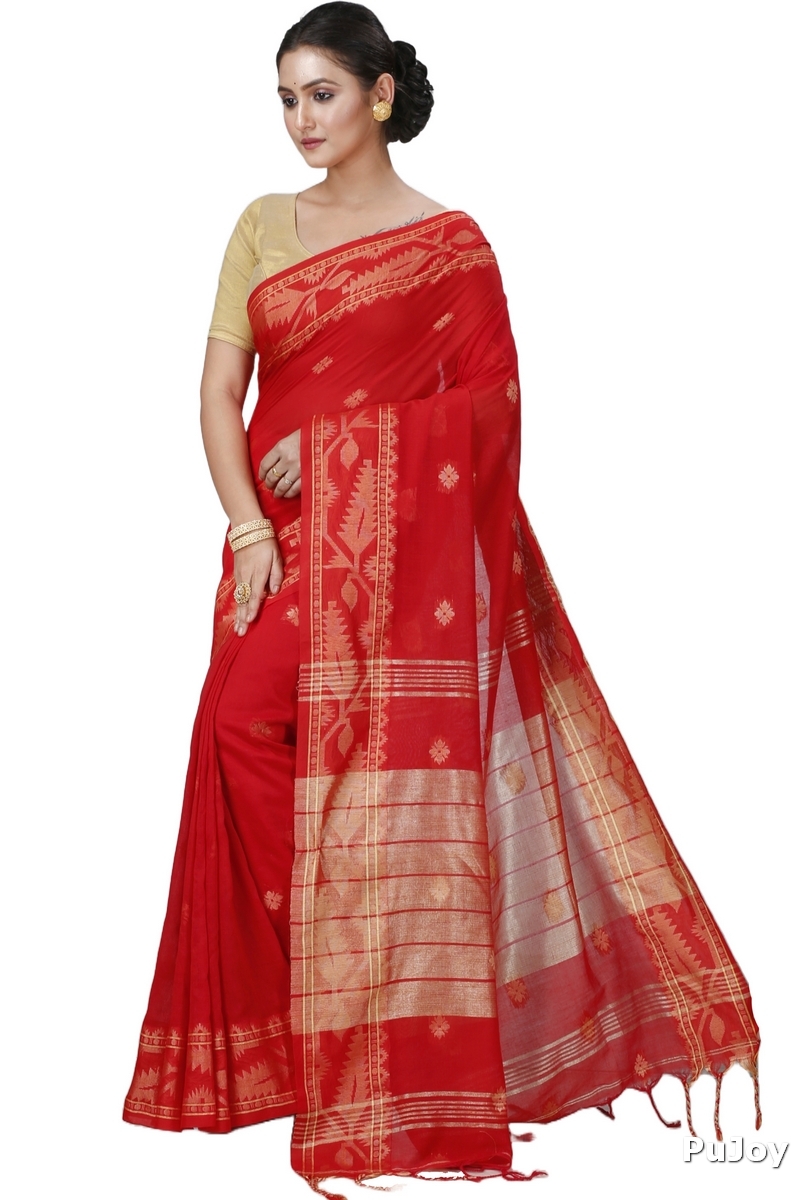 Red Pure Cotton Tuma Hand Loom Saree (1195)