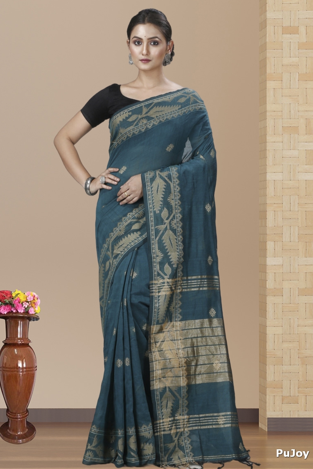 Botel Green Pure Cotton Tuma Hand Loom Saree (1196)