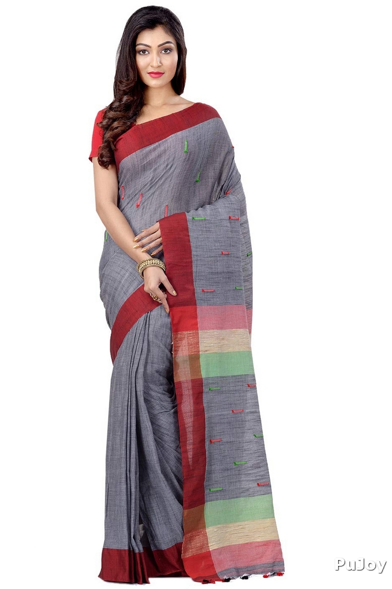 Grey Pure Cotton Clacial Desigined Hand Loom Saree (120)