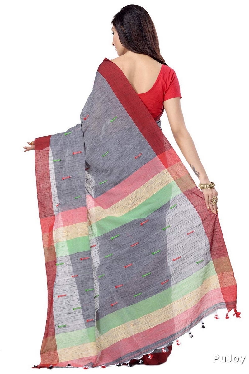 Grey Pure Cotton Clacial Desigined Hand Loom Saree (120)