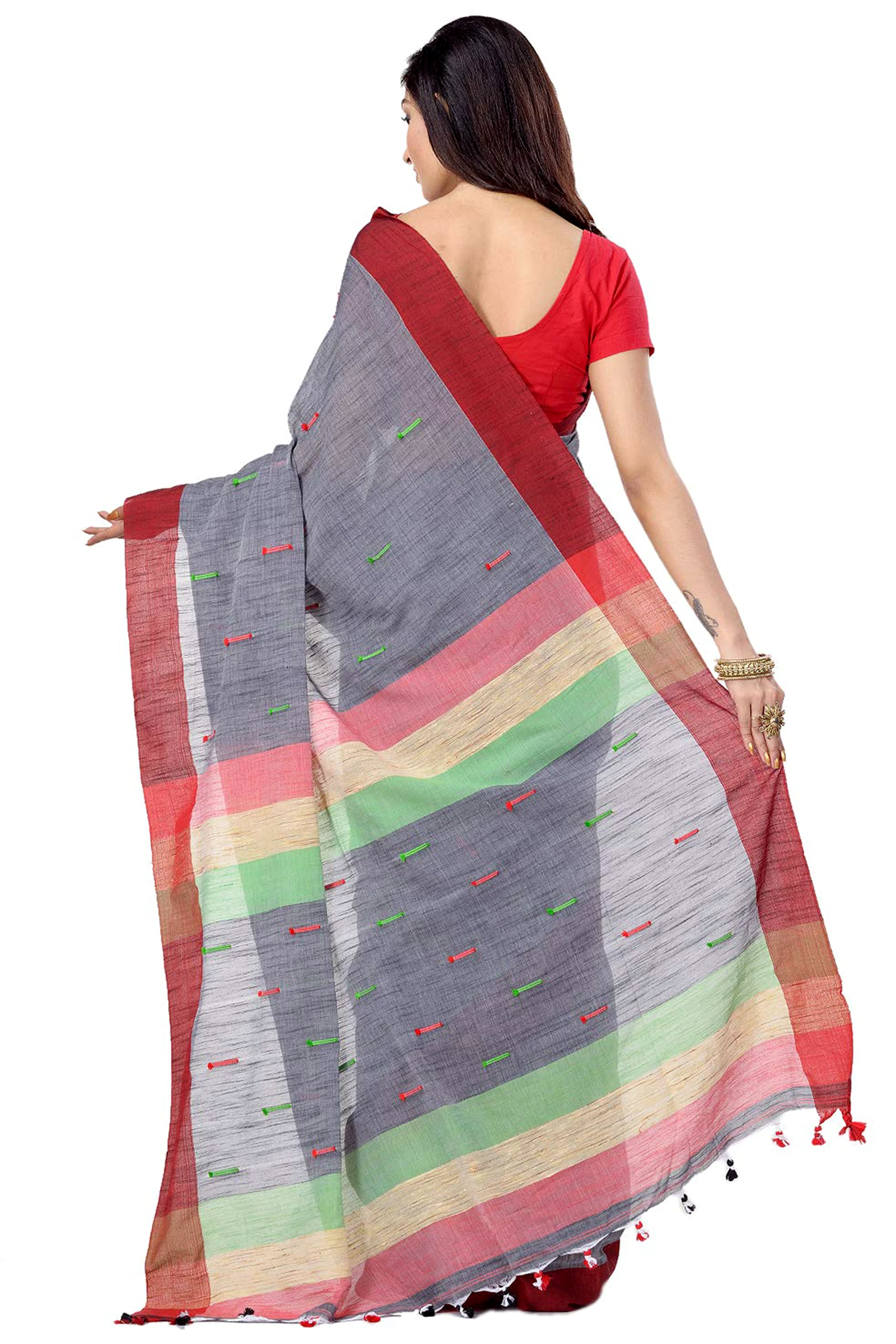 Grey Pure Cotton Clacial Desigined Hand Loom Saree (120)