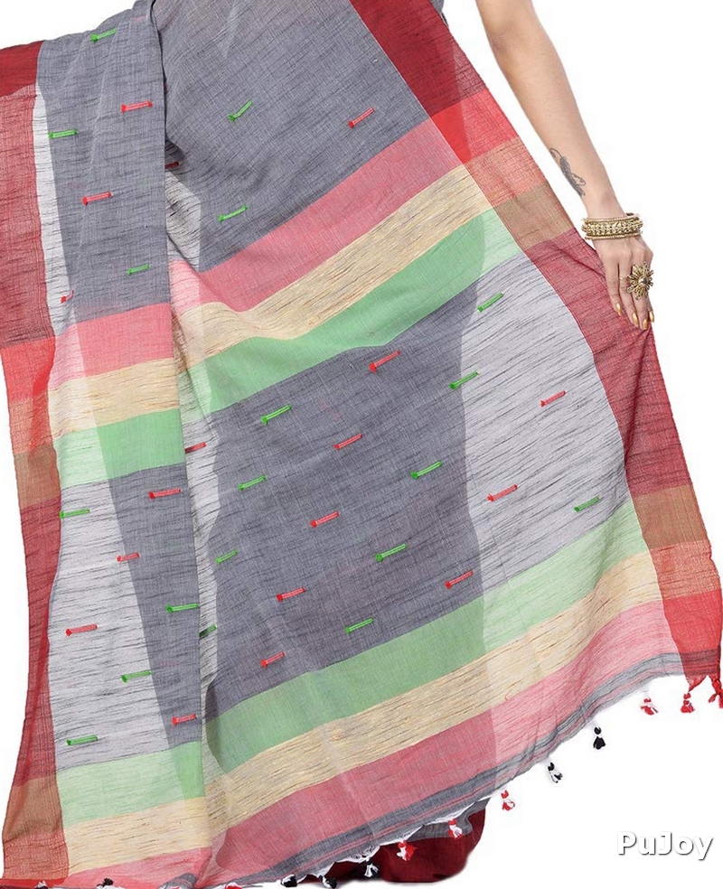 Grey Pure Cotton Clacial Desigined Hand Loom Saree (120)