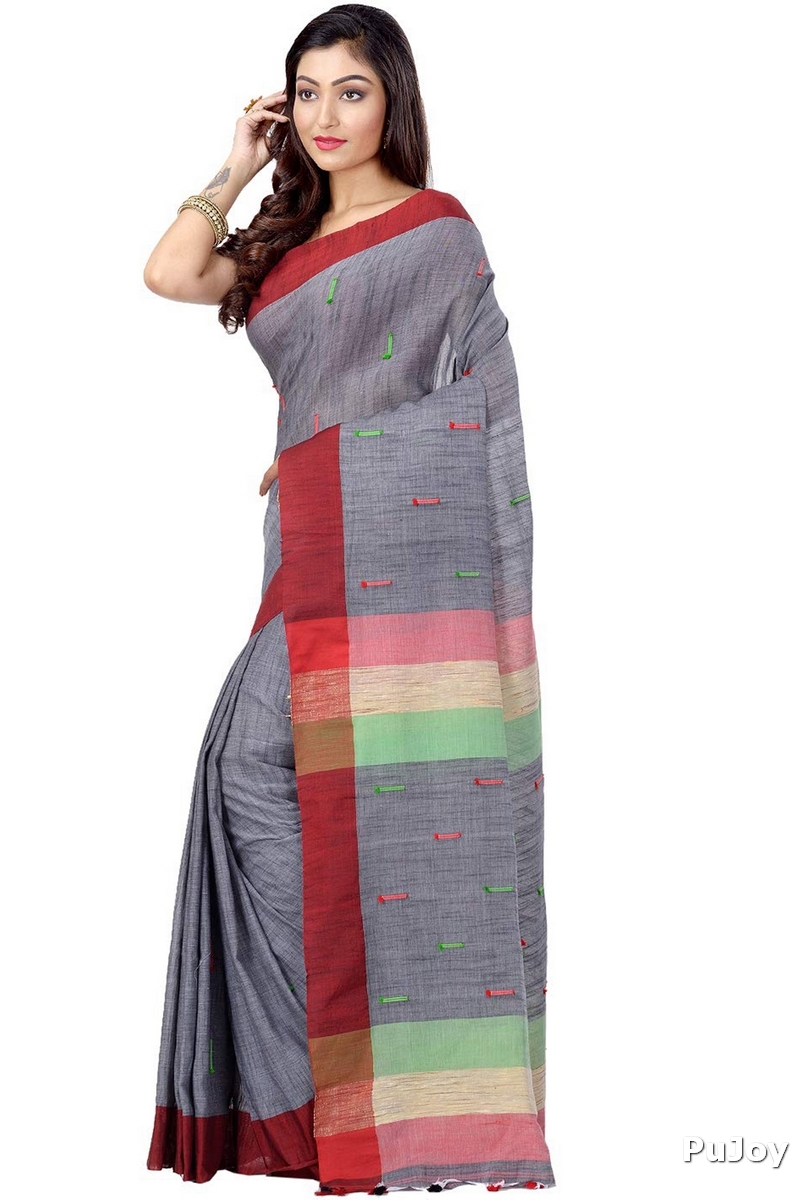 Grey Pure Cotton Clacial Desigined Hand Loom Saree (120)