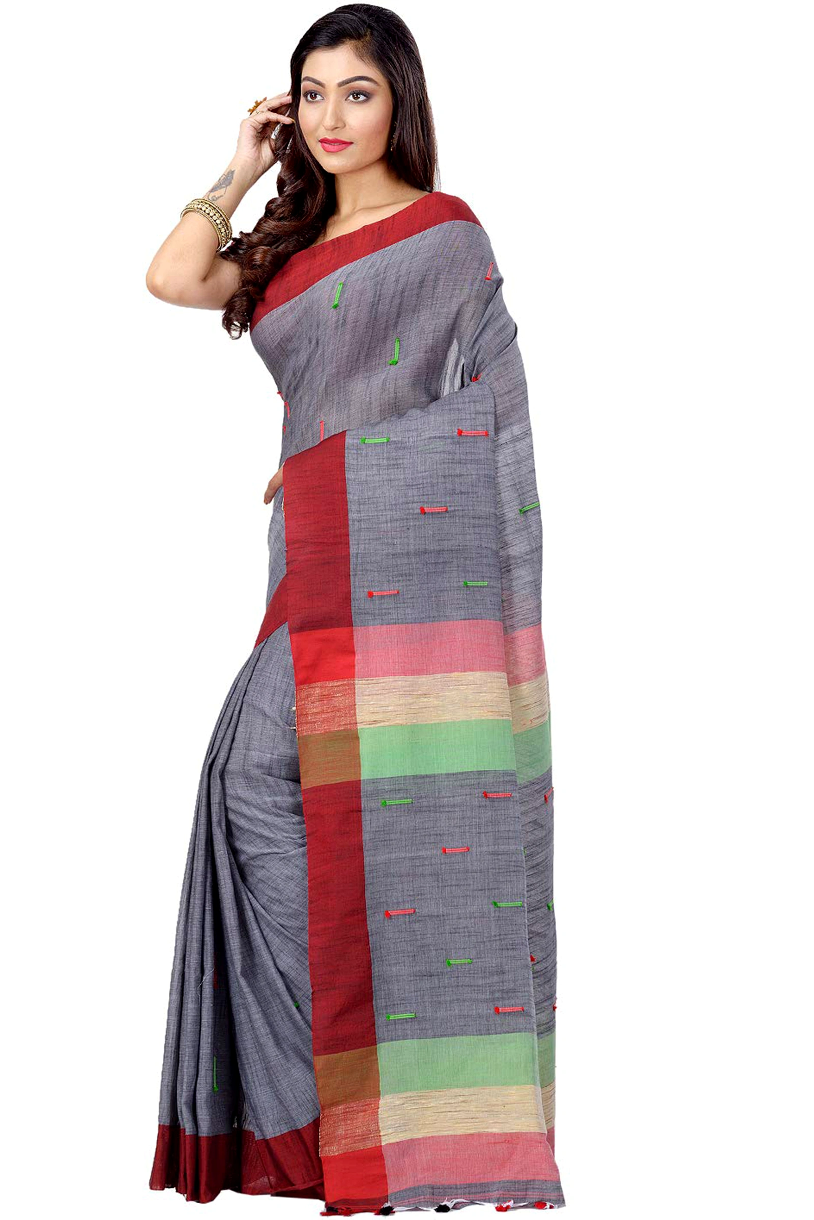 Grey Pure Cotton Clacial Desigined Hand Loom Saree (120)