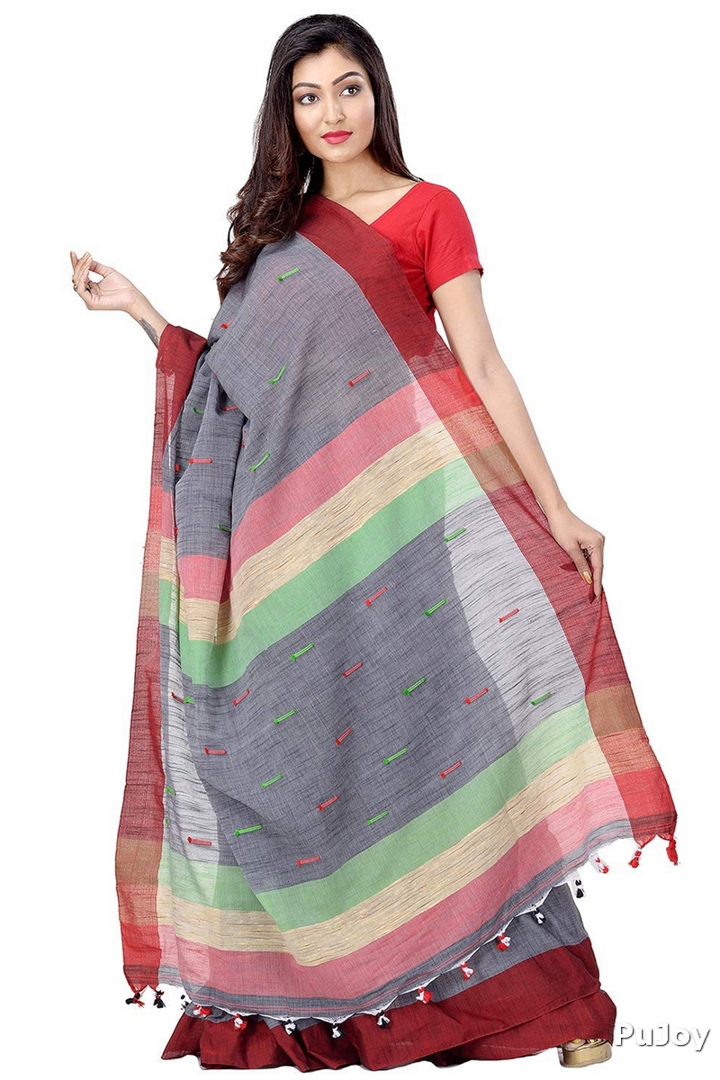 Grey Pure Cotton Clacial Desigined Hand Loom Saree (120)