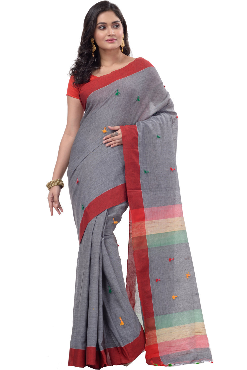 Grey Pure Cotton Clacial Desigined Hand Loom Saree (120)