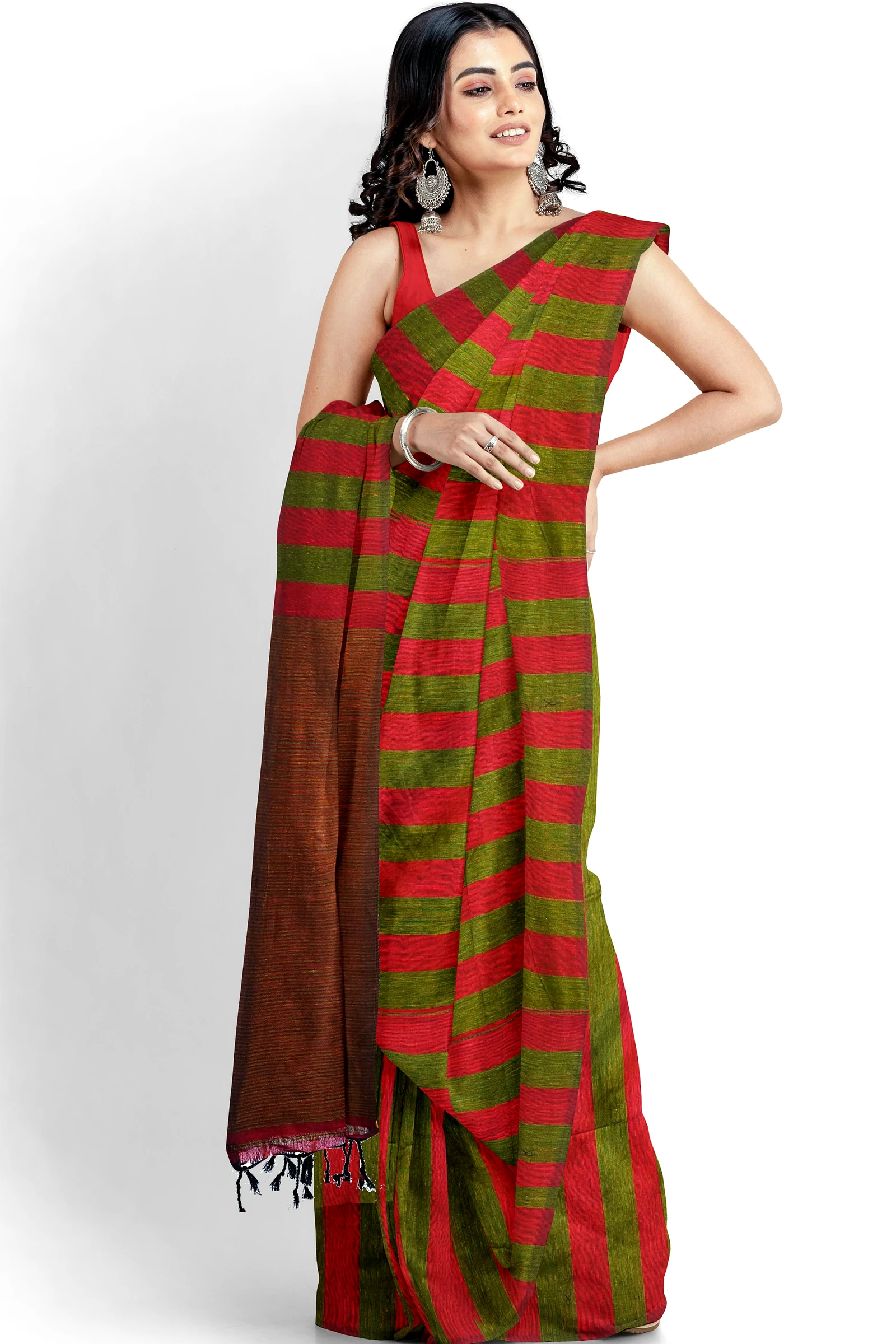 Red Green Pure Cotton Tejal Hand Loom Saree (1200)