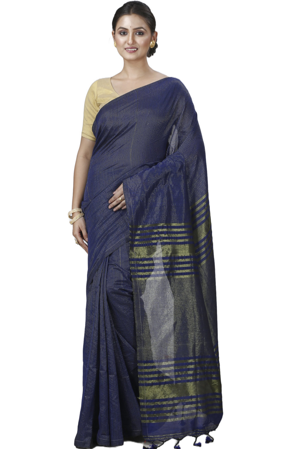 Dark Blue Blended Cotton Tama Hand Loom Saree (1201)
