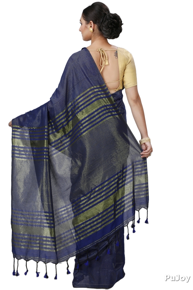 Dark Blue Blended Cotton Tama Hand Loom Saree (1201)