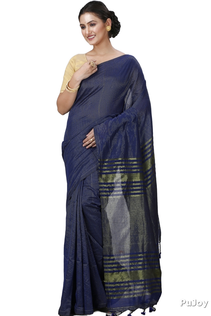 Dark Blue Blended Cotton Tama Hand Loom Saree (1201)