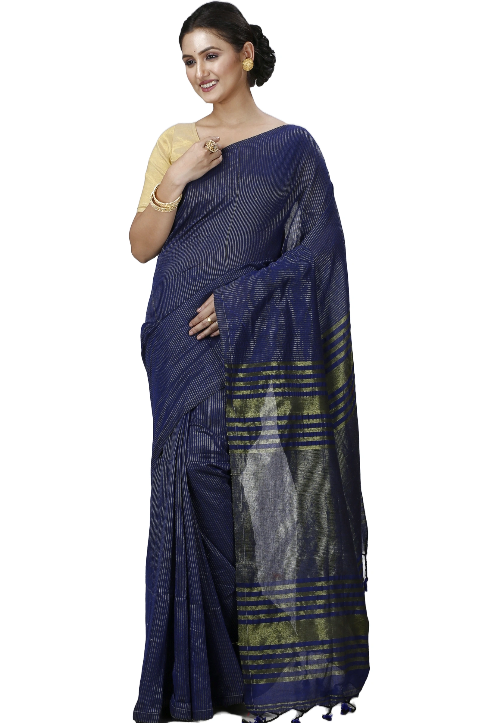 Dark Blue Blended Cotton Tama Hand Loom Saree (1201)