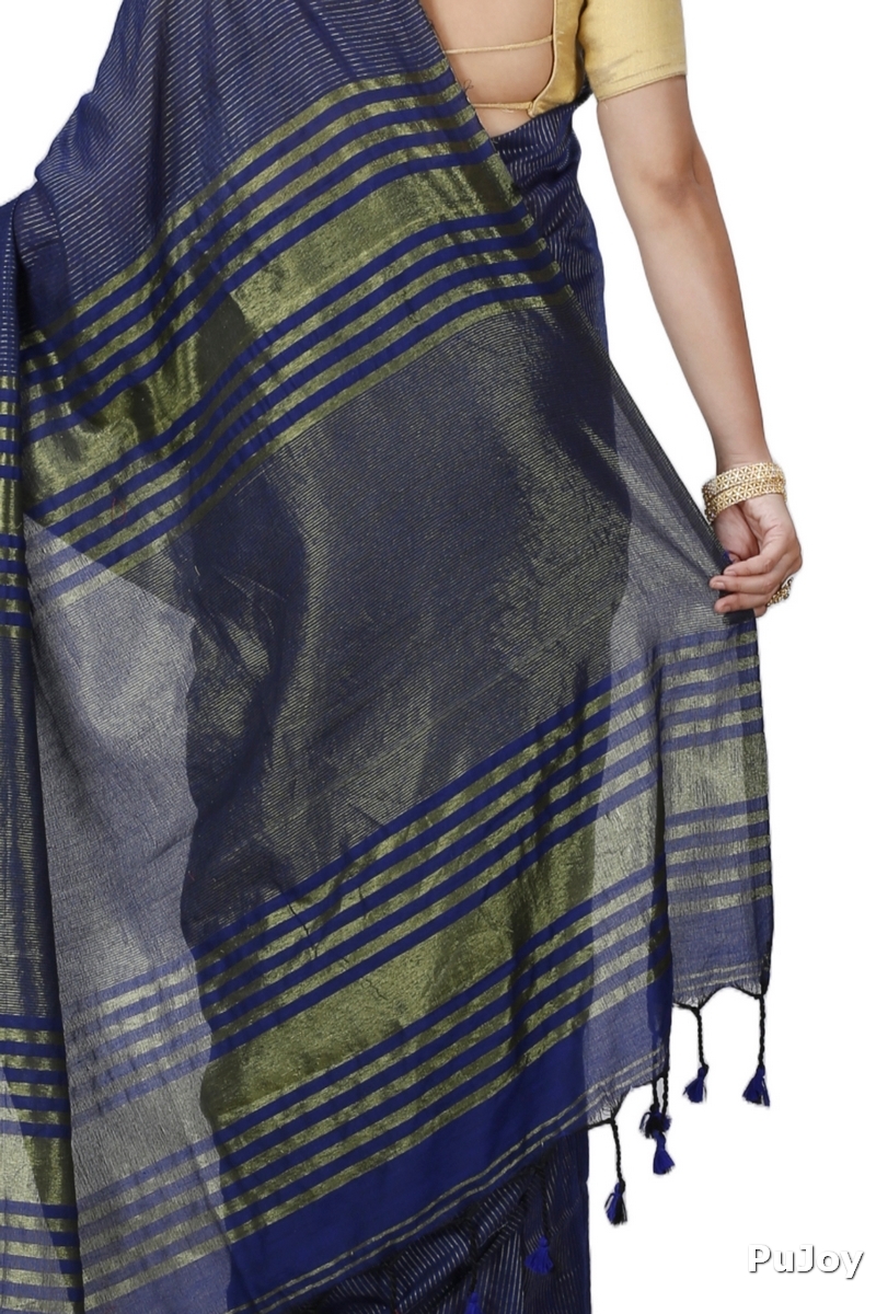 Dark Blue Blended Cotton Tama Hand Loom Saree (1201)