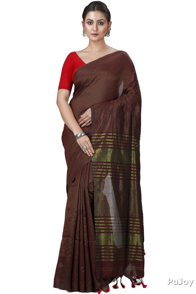 Brown Blended Cotton Tama Hand Loom Saree (1202)