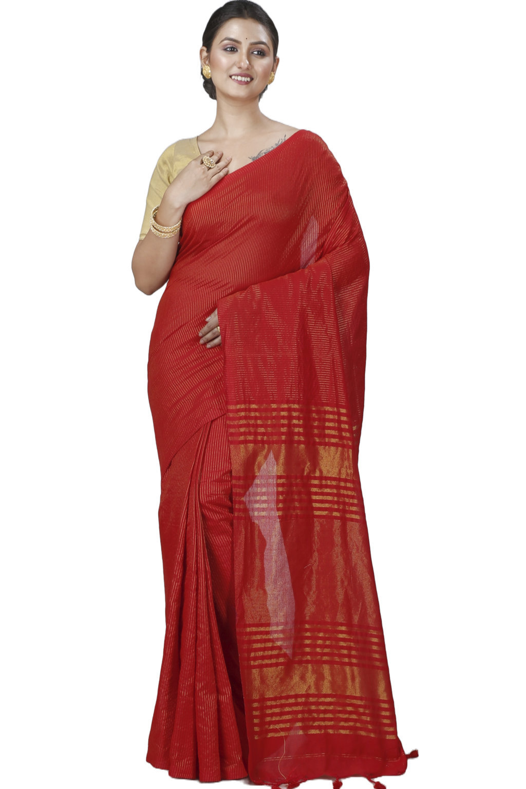 Red Blended Cotton Tama Hand Loom Saree (1206)