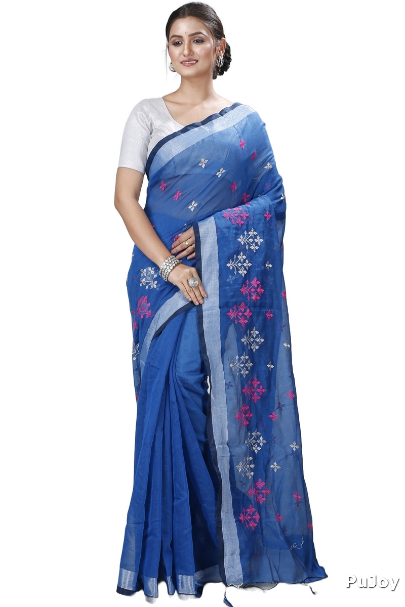 Sky Blue Blended Cotton Tamasi Hand Loom Saree (1207)