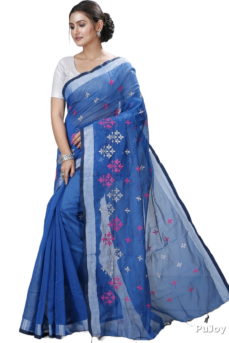 Sky Blue Blended Cotton Tamasi Hand Loom Saree (1207)