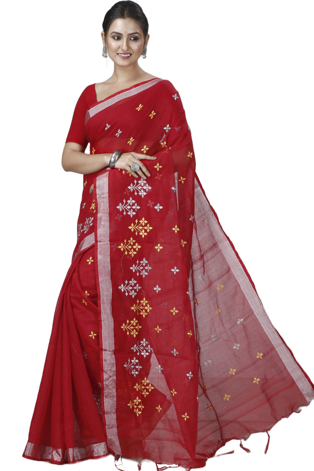 Red Blended Cotton Tamasi Hand Loom Saree (1208)