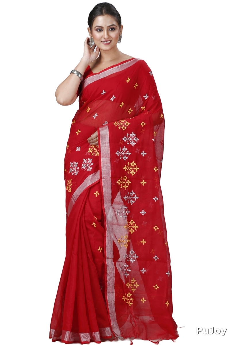 Red Blended Cotton Tamasi Hand Loom Saree (1208)