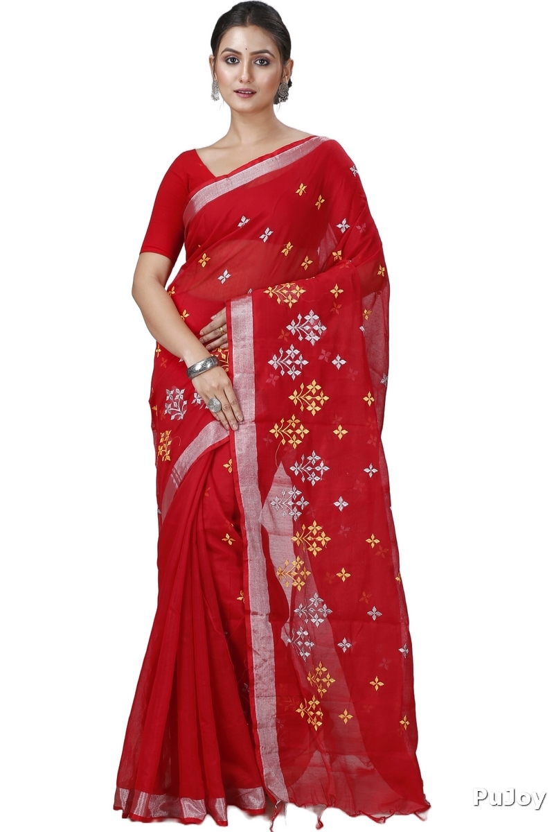 Red Blended Cotton Tamasi Hand Loom Saree (1208)