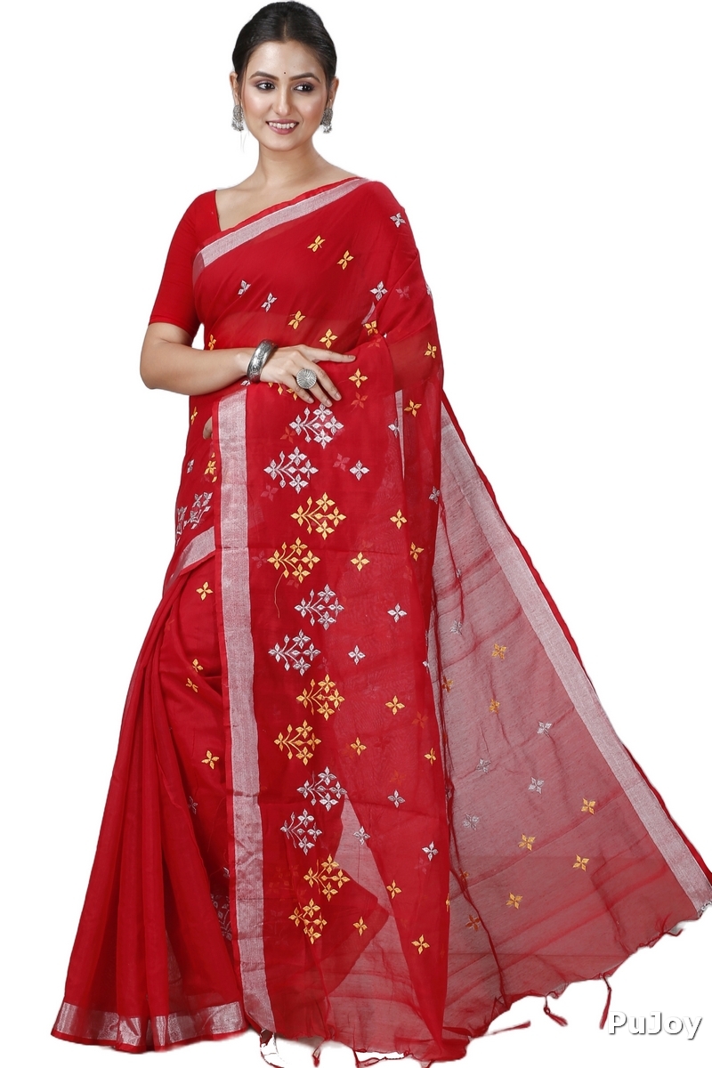 Red Blended Cotton Tamasi Hand Loom Saree (1208)