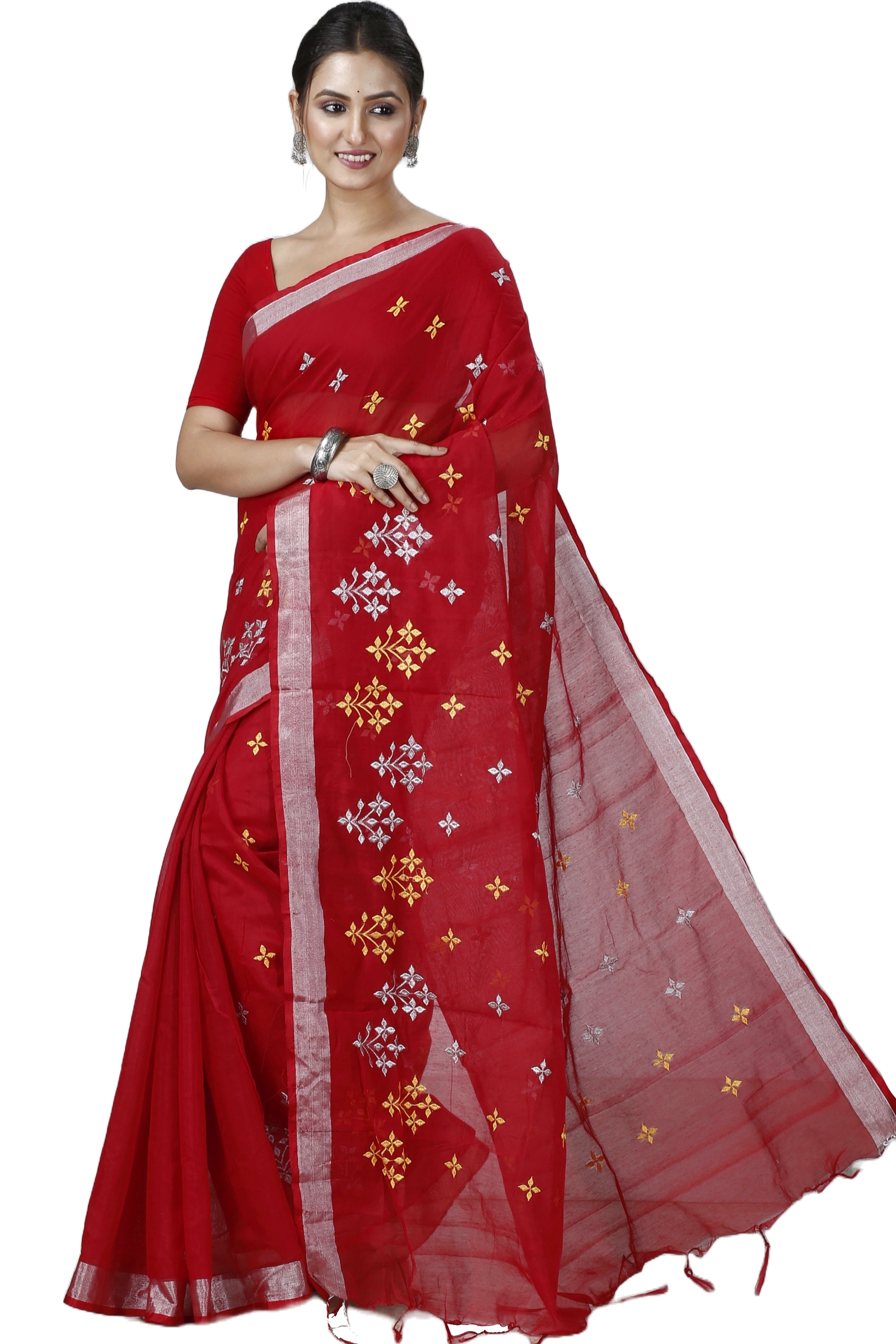Red Blended Cotton Tamasi Hand Loom Saree (1208)