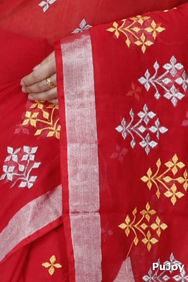 Red Blended Cotton Tamasi Hand Loom Saree (1208)