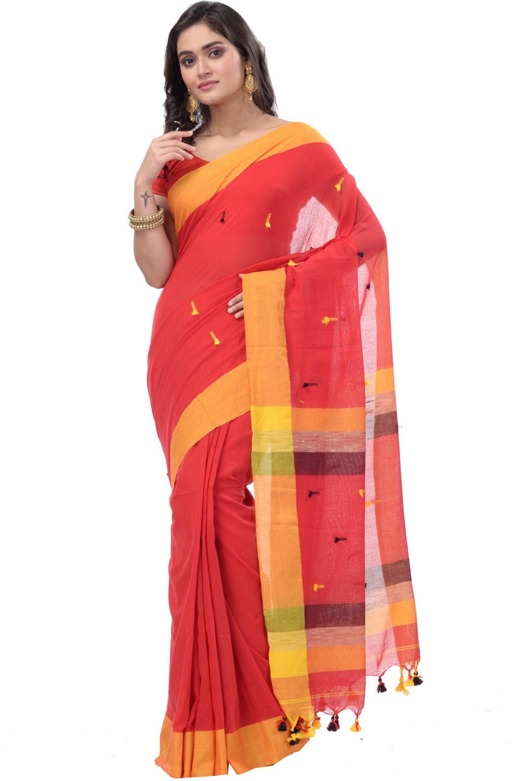 Red Pure Cotton Clacial Desigined Hand Loom Saree (121)
