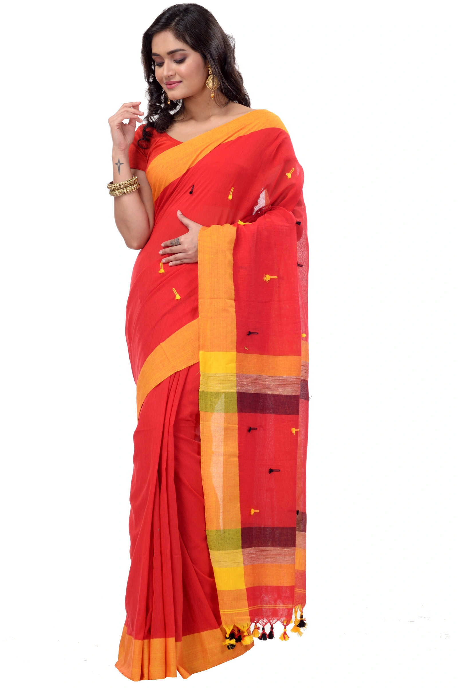Red Pure Cotton Clacial Desigined Hand Loom Saree (121)
