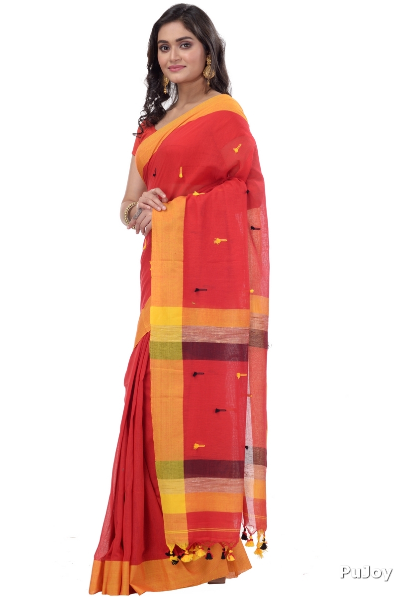 Red Pure Cotton Clacial Desigined Hand Loom Saree (121)