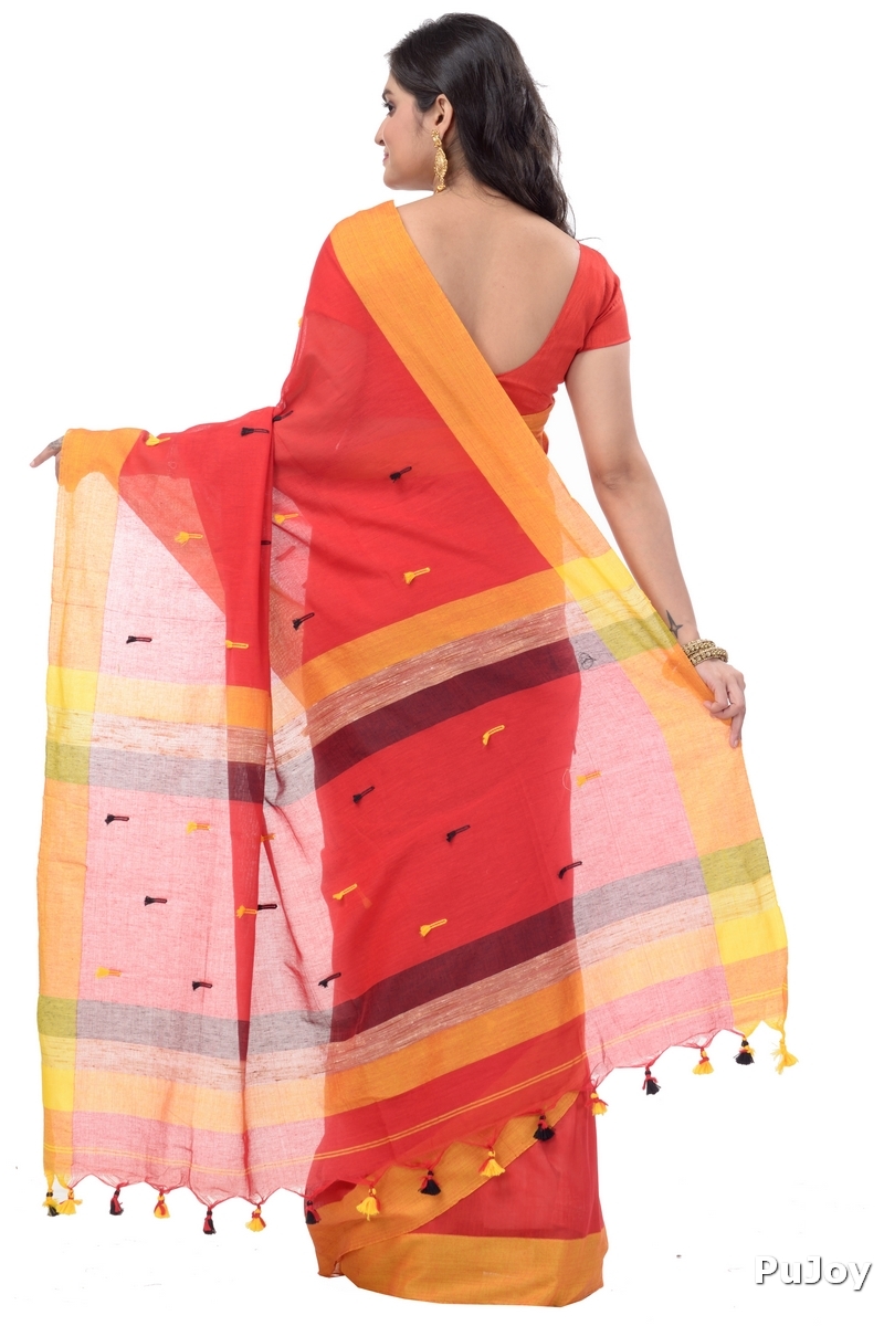 Red Pure Cotton Clacial Desigined Hand Loom Saree (121)