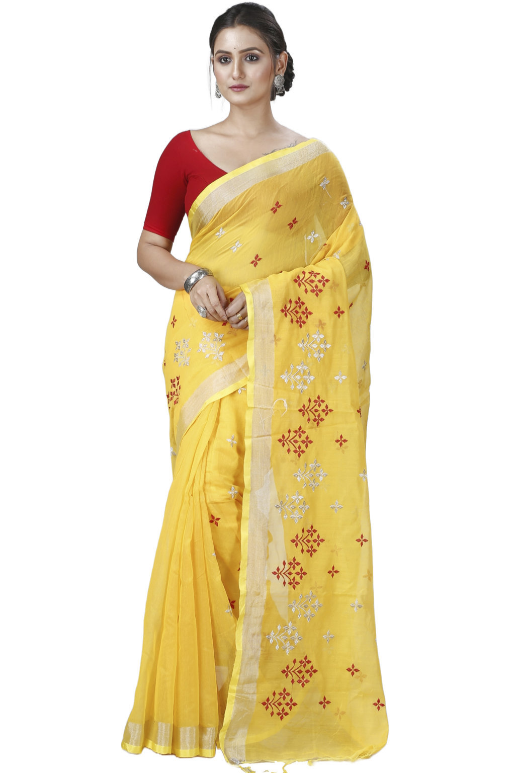 Yellow Blended Cotton Tamasi Hand Loom Saree (1211)