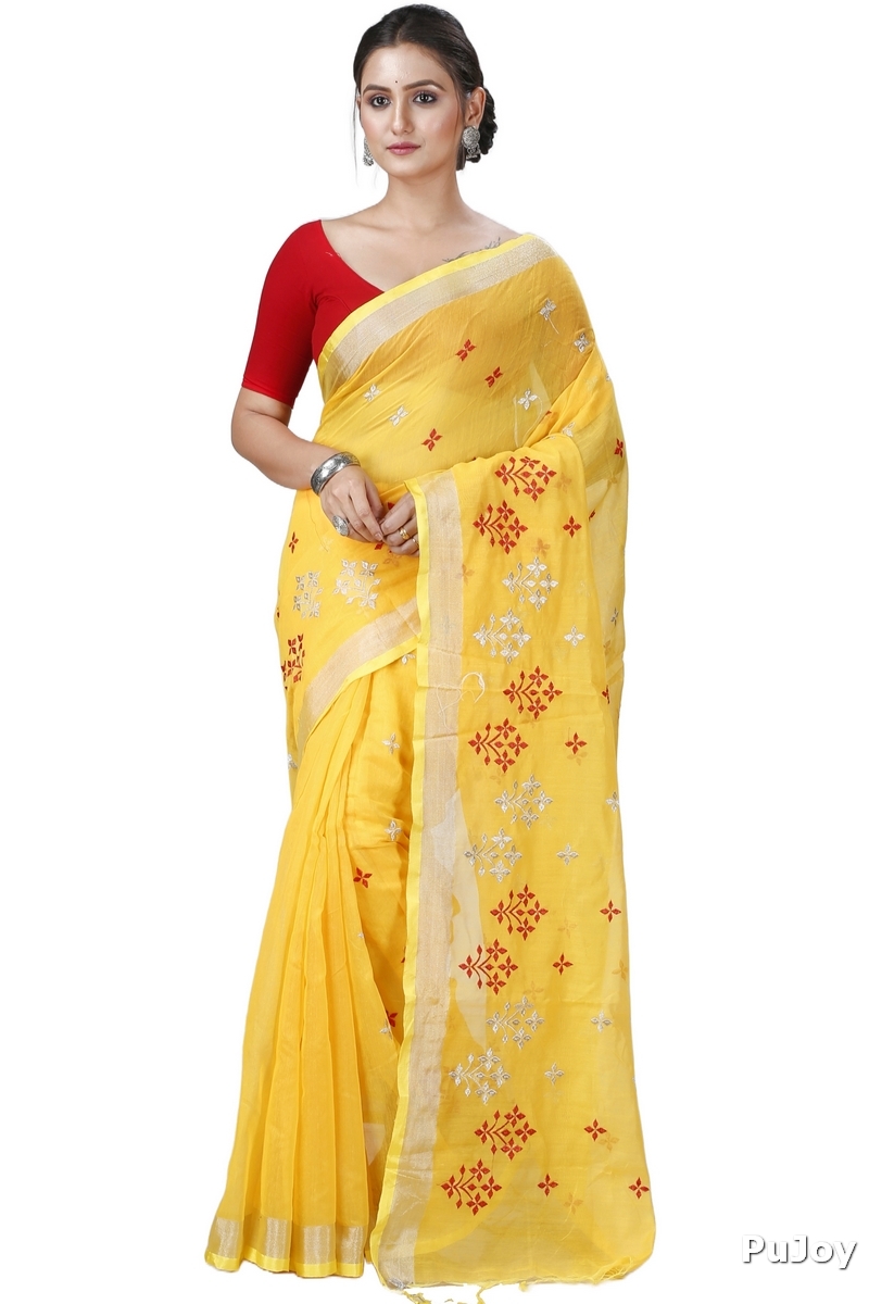 Yellow Blended Cotton Tamasi Hand Loom Saree (1211)