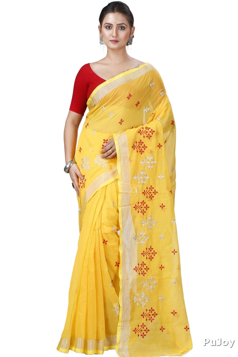 Yellow Blended Cotton Tamasi Hand Loom Saree (1211)