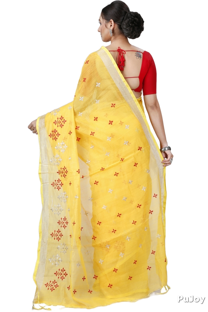 Yellow Blended Cotton Tamasi Hand Loom Saree (1211)