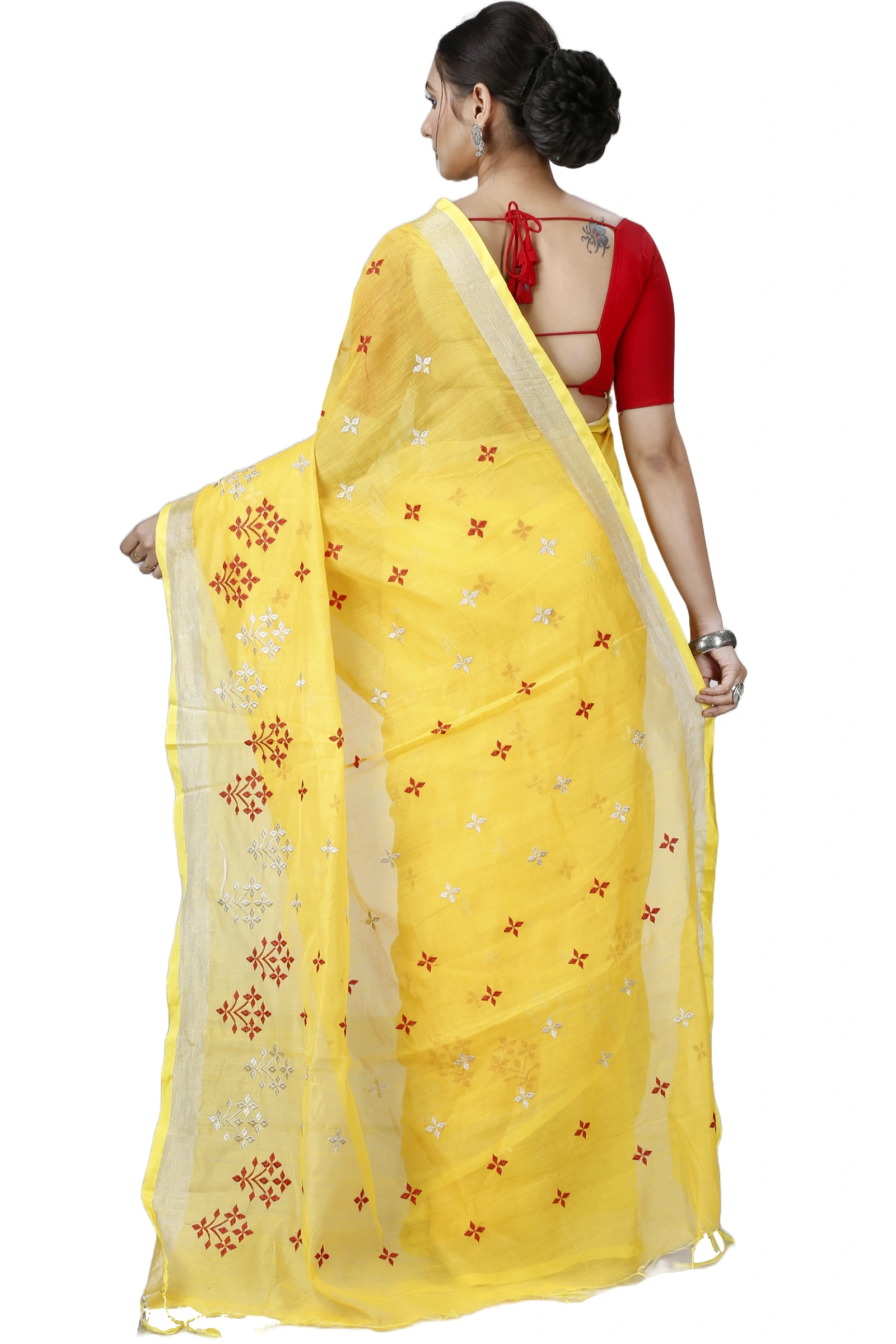 Yellow Blended Cotton Tamasi Hand Loom Saree (1211)