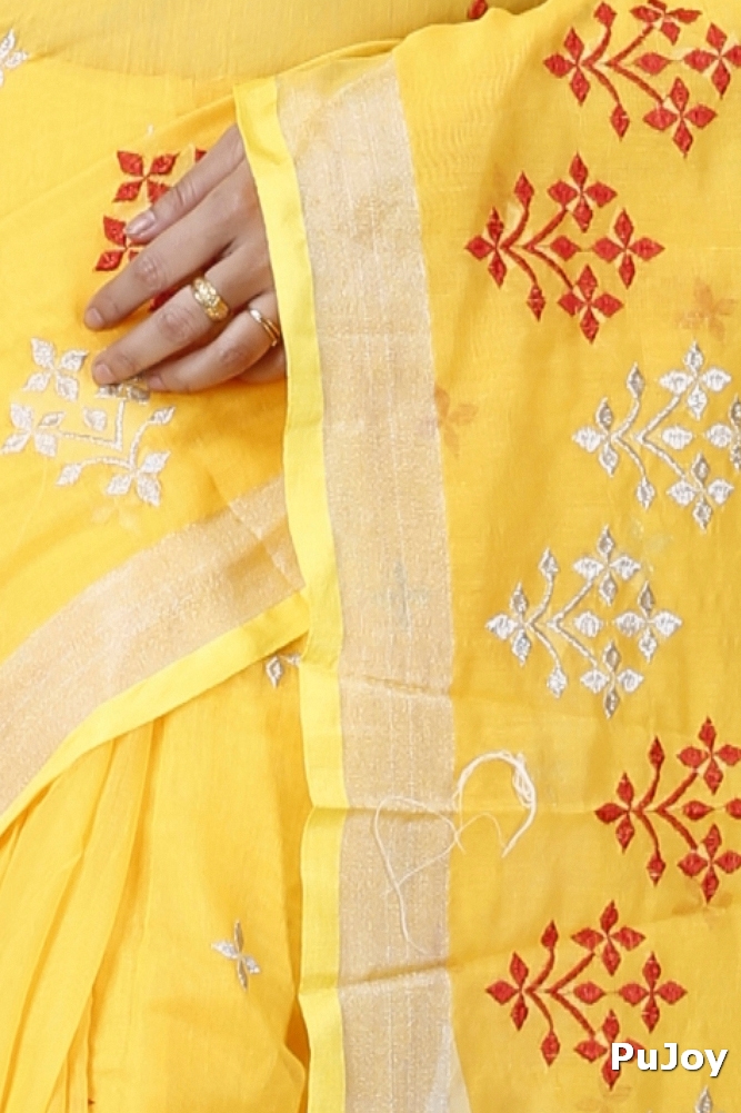 Yellow Blended Cotton Tamasi Hand Loom Saree (1211)
