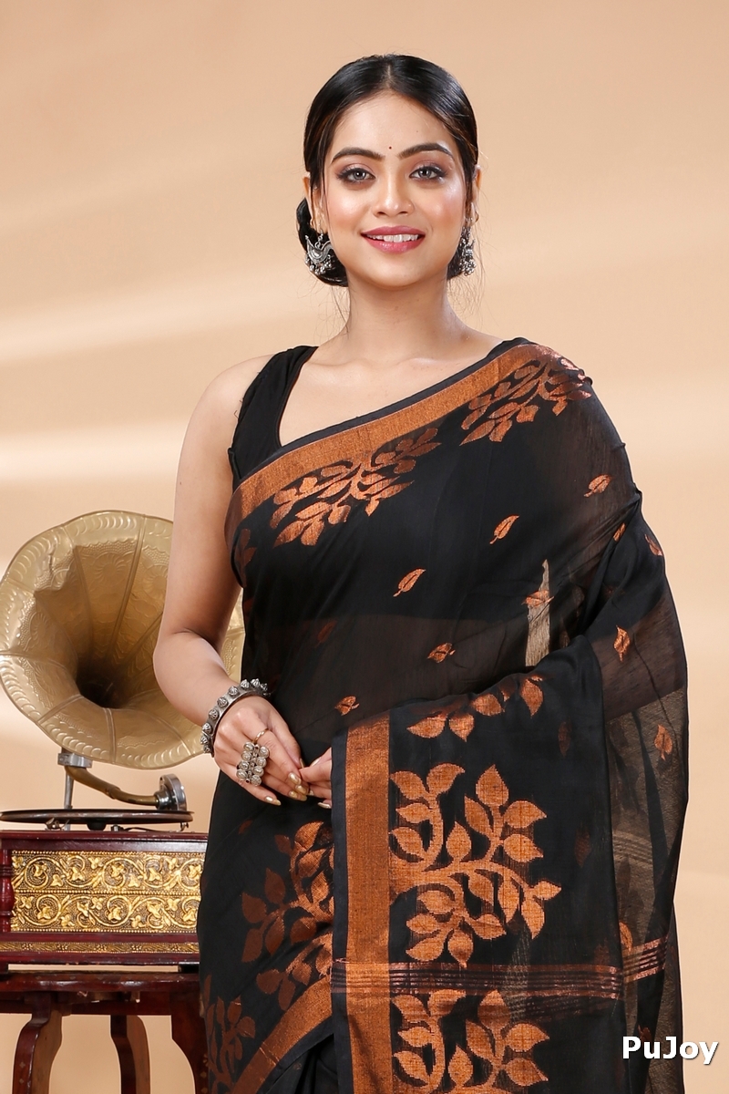 Black Blended Cotton Tina Hand Loom Saree (1212)
