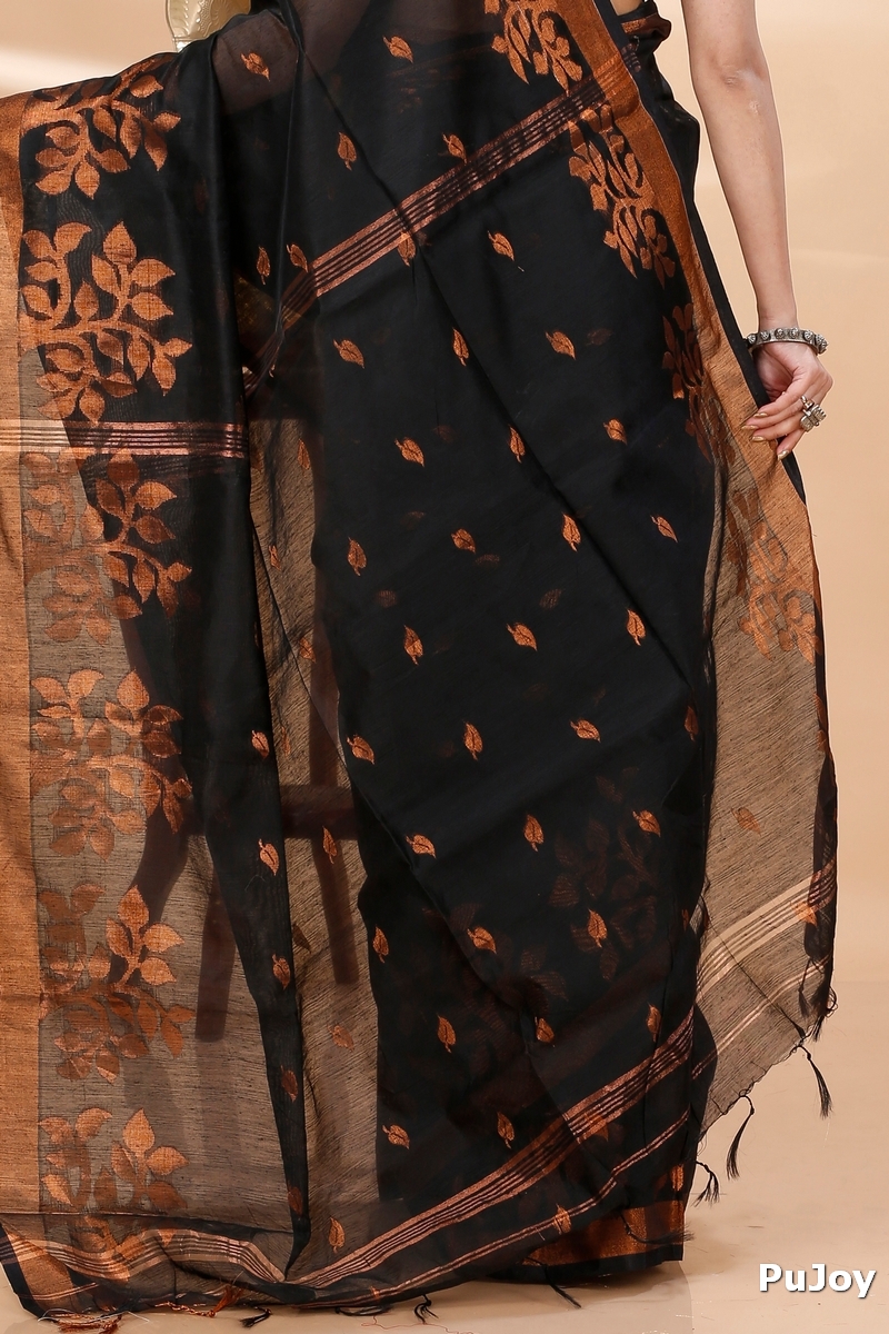 Black Blended Cotton Tina Hand Loom Saree (1212)