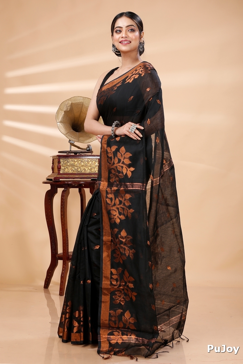 Black Blended Cotton Tina Hand Loom Saree (1212)