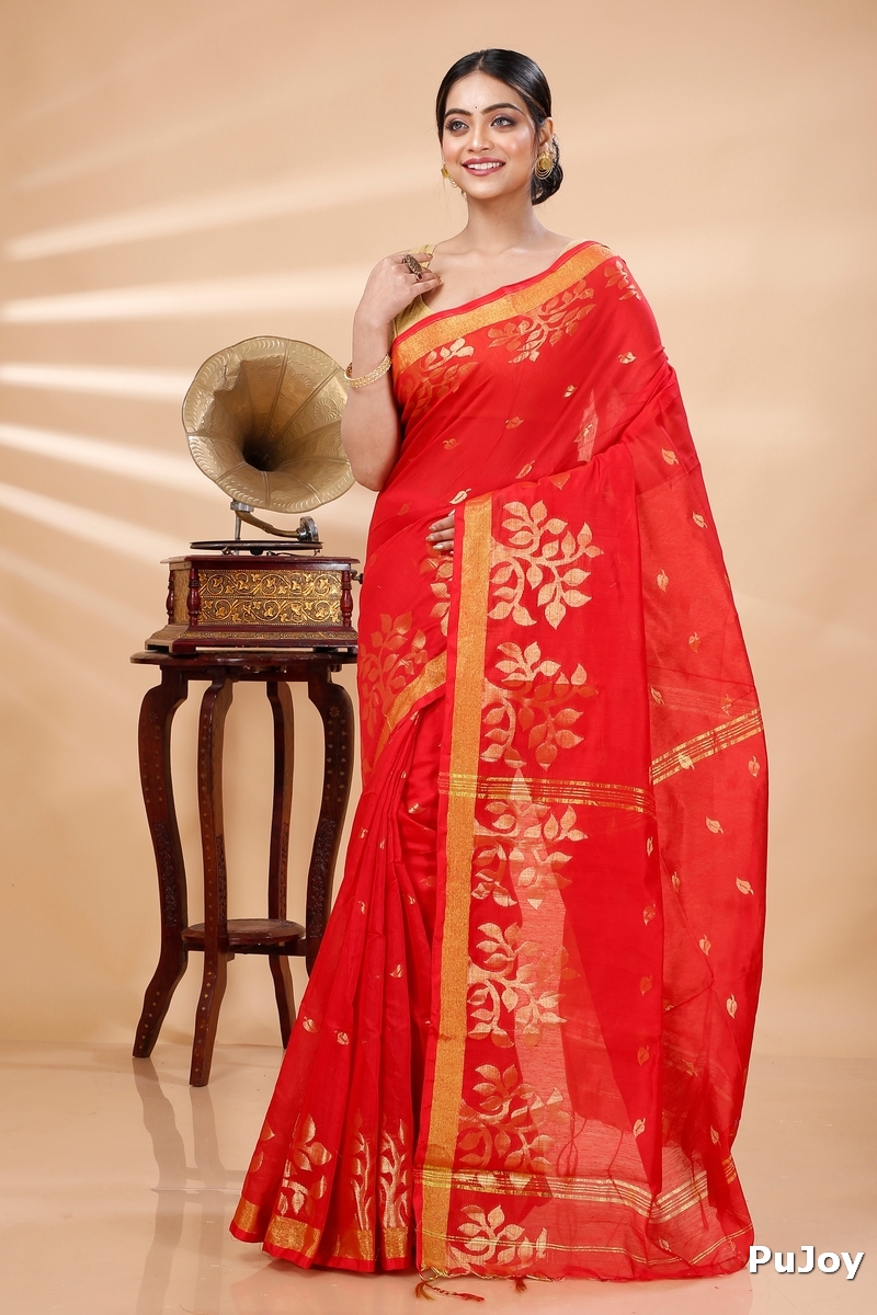 Red Blended Cotton Tina Hand Loom Saree (1213)