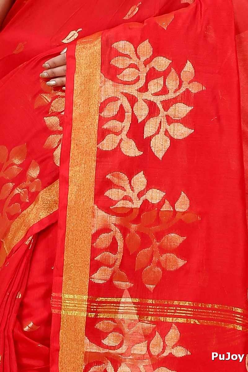 Red Blended Cotton Tina Hand Loom Saree (1213)