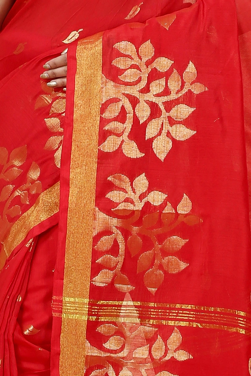 Red Blended Cotton Tina Hand Loom Saree (1213)