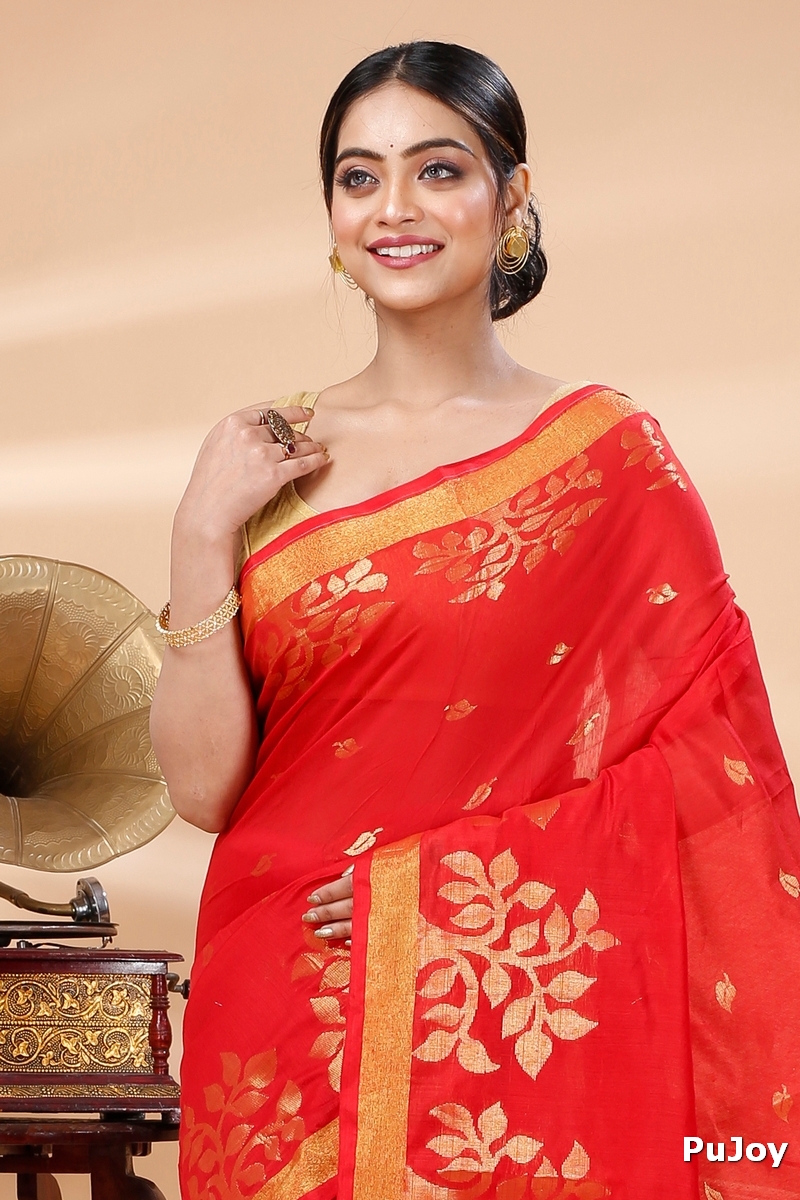 Red Blended Cotton Tina Hand Loom Saree (1213)