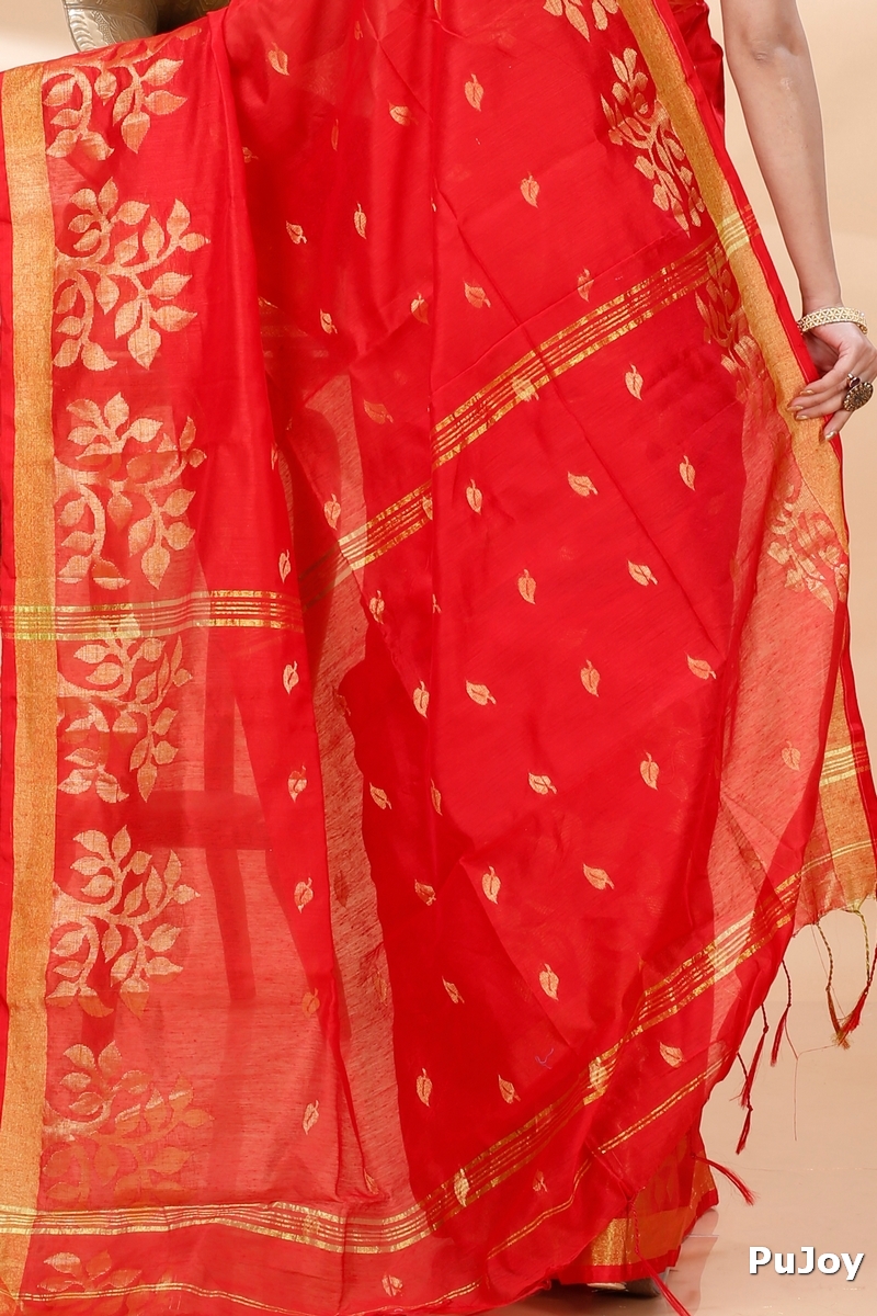 Red Blended Cotton Tina Hand Loom Saree (1213)