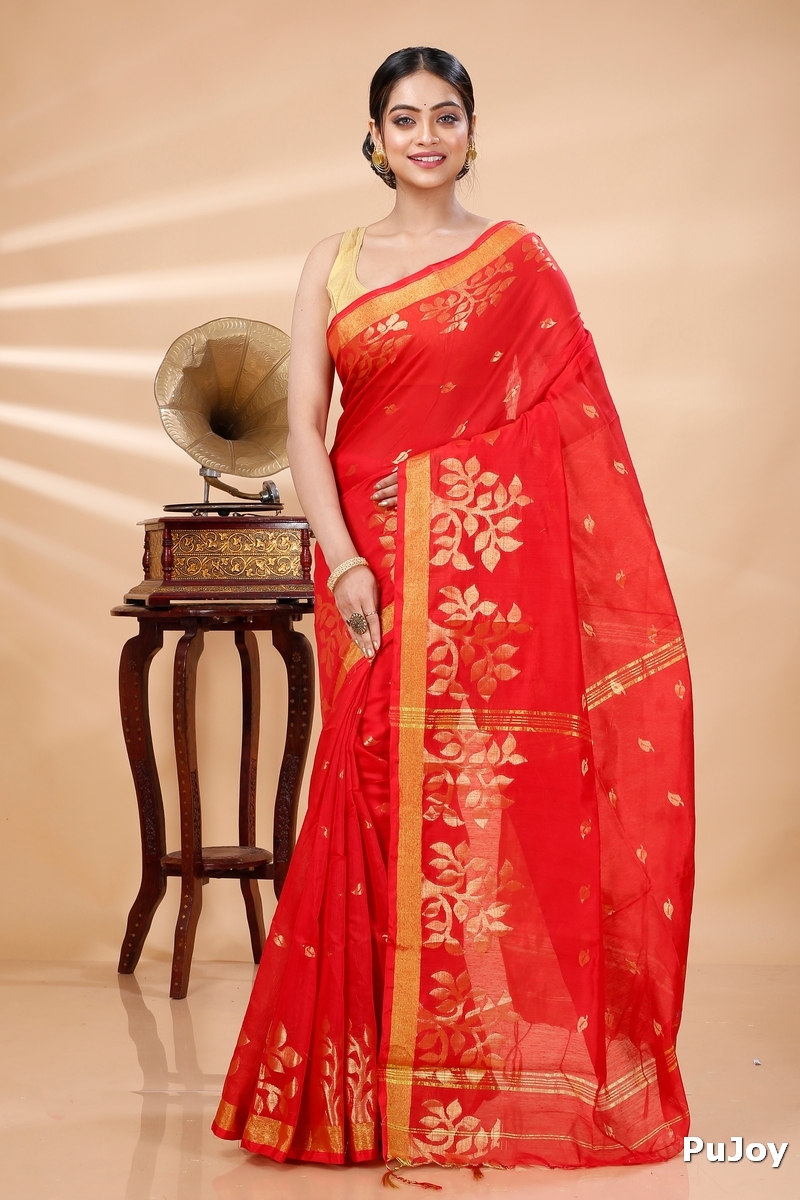 Red Blended Cotton Tina Hand Loom Saree (1213)