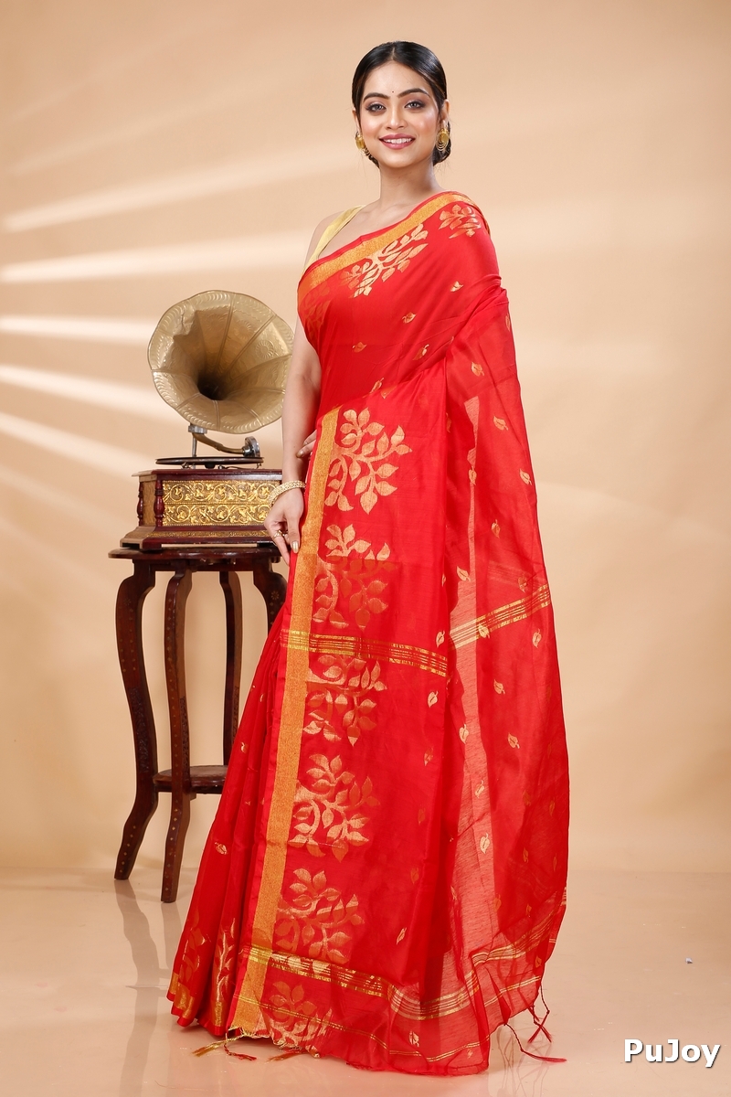 Red Blended Cotton Tina Hand Loom Saree (1213)