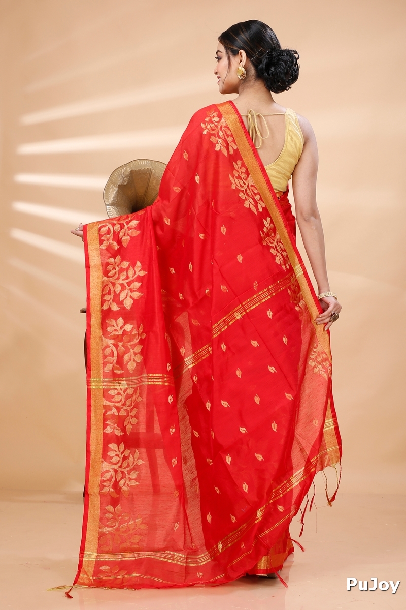 Red Blended Cotton Tina Hand Loom Saree (1213)